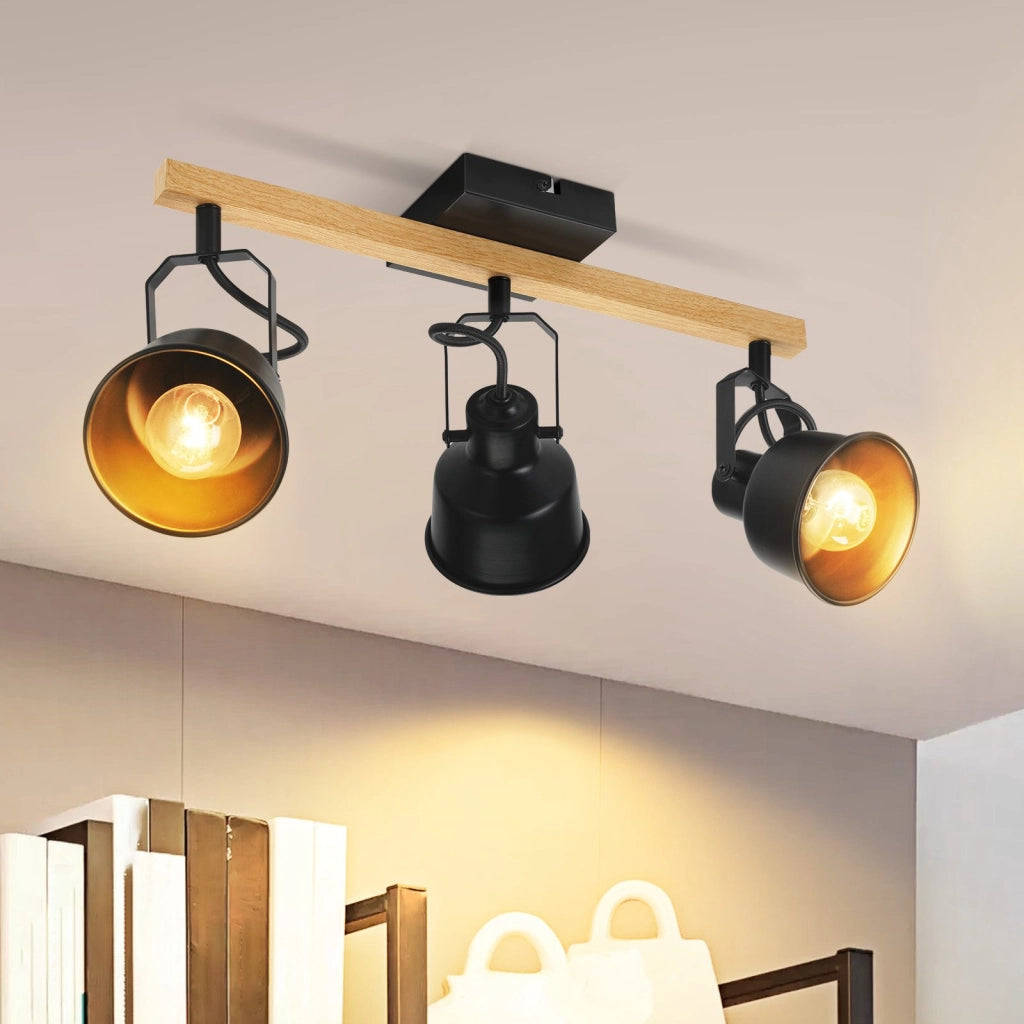 ZMH Faretto da Soffitto Vintage 3 Lampade Nero 25W Attacco E14 Industriale Venatura Legno per Soggiorno Senza Lampadine