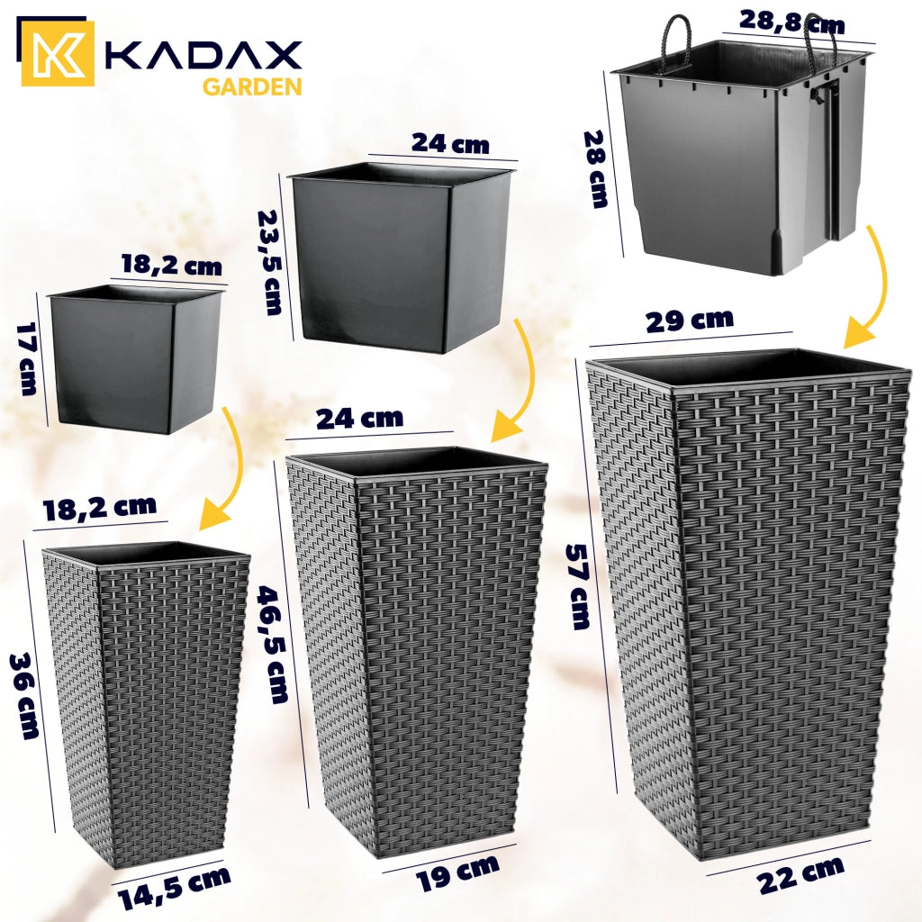 Set di 3 vasi da fiori KADAX, vasi da giardino + inserti, alti e grandi, grafite 37+47+57 cm