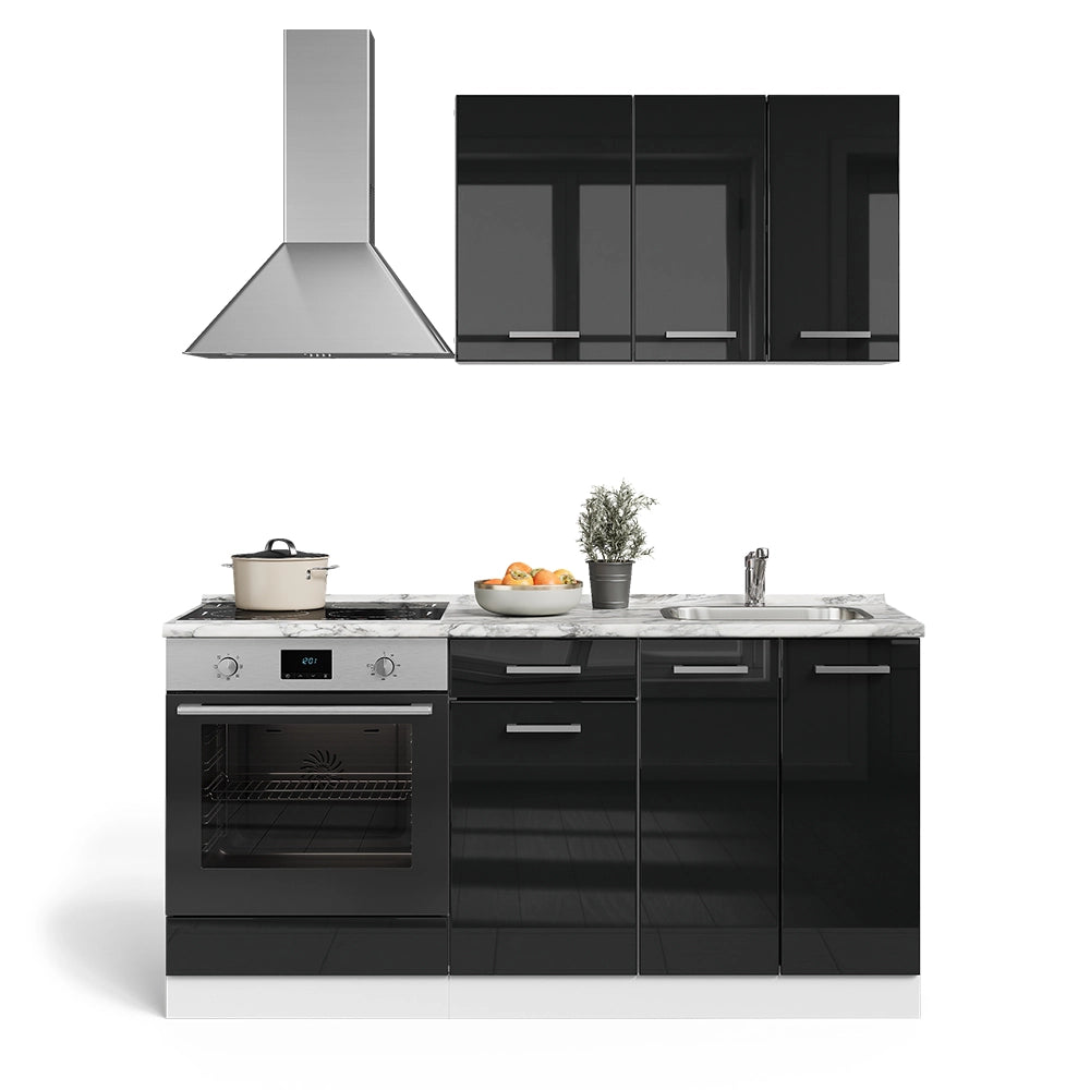 Vicco Cucina completa Nero lucido/bianco 160 cm con base forno e lavello con PT