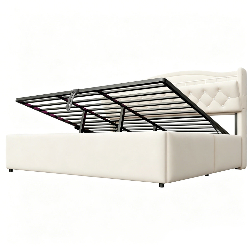 DESMIU Lit contenitore 180 × 200 cm 2 posti con luce LED, USB, USB-C e vani nel testiera, senza materasso, beige