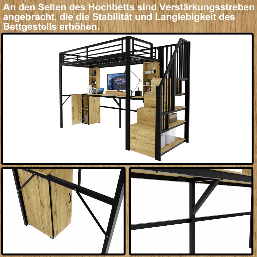Letto a soppalco in metallo e MDF 90 x 200 cm con scrivania; armadio e USB; nero