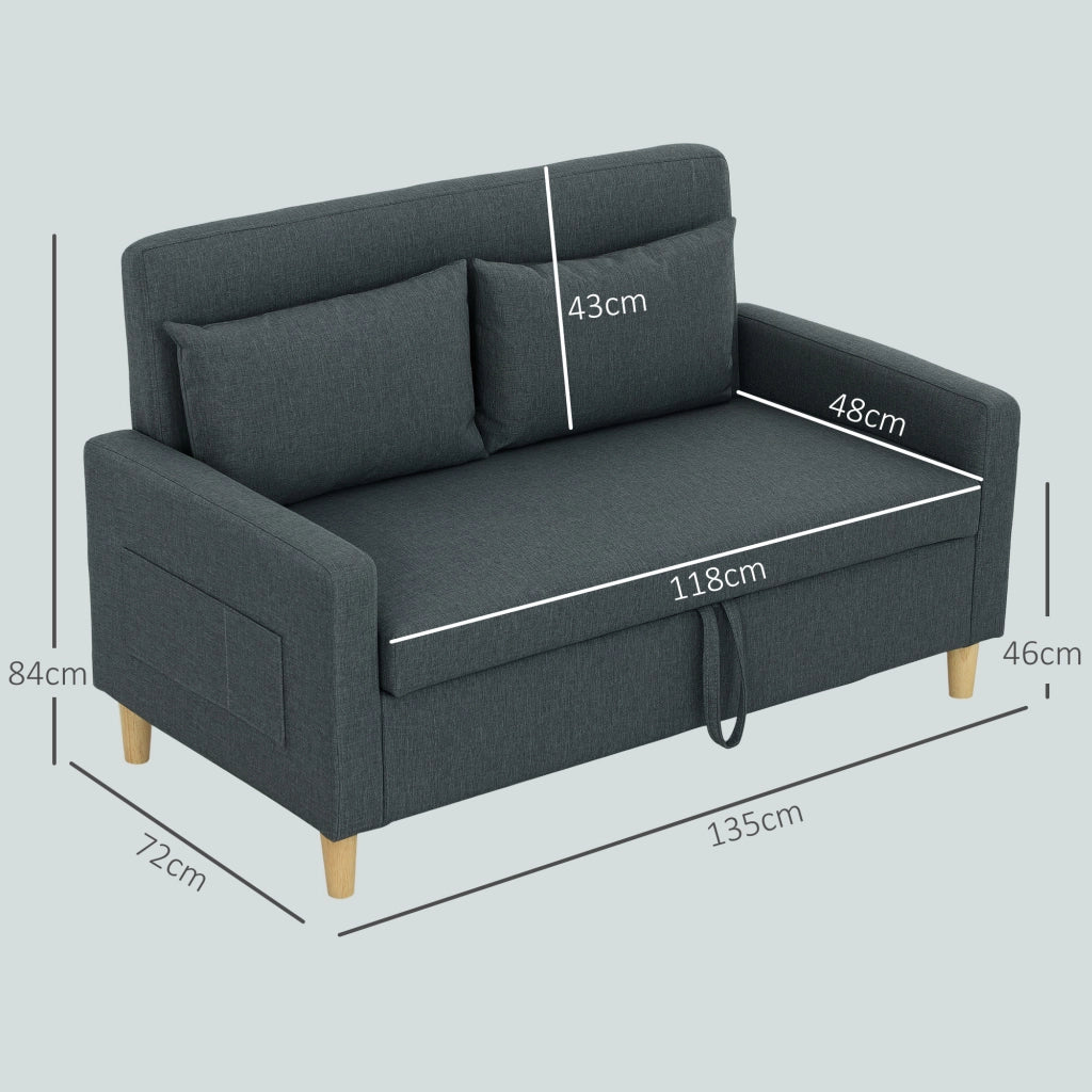 Divano 2 Posti con Spazio Portaoggetti e Cuscini, in Tessuto Effetto Lino e Legno, 135x72x84 cm, Grigio Carbone