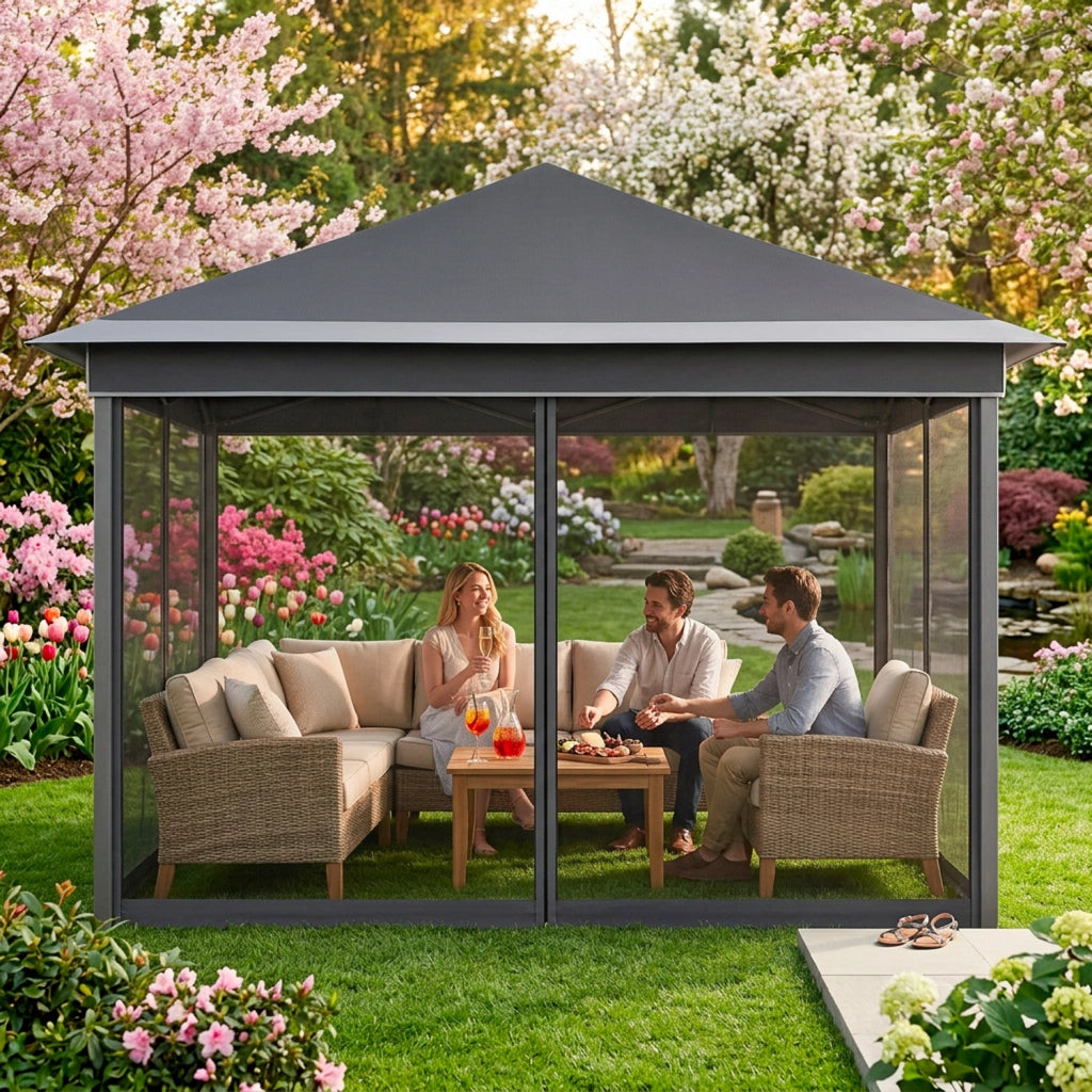 Gazebo Pieghevole Da Esterno Per Giardino Con Zanzariere Laterali Copertura Oxford UV50+ Struttura In Metallo Regolabile Pop Up Con Borsa Trasporto Per Eventi Outdoor 360 x 360 x 310 Cm Grigio Scuro