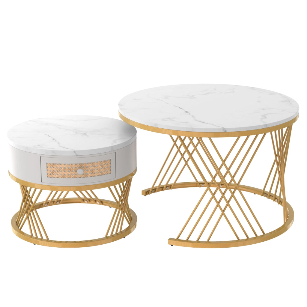 OKWISH Tavolini da Salotto Impilabili Rotondi con 1 Cassetto, Piano Effetto Marmo e Frontale Effetto Rattan, MDF e Metallo, Bianco Oro