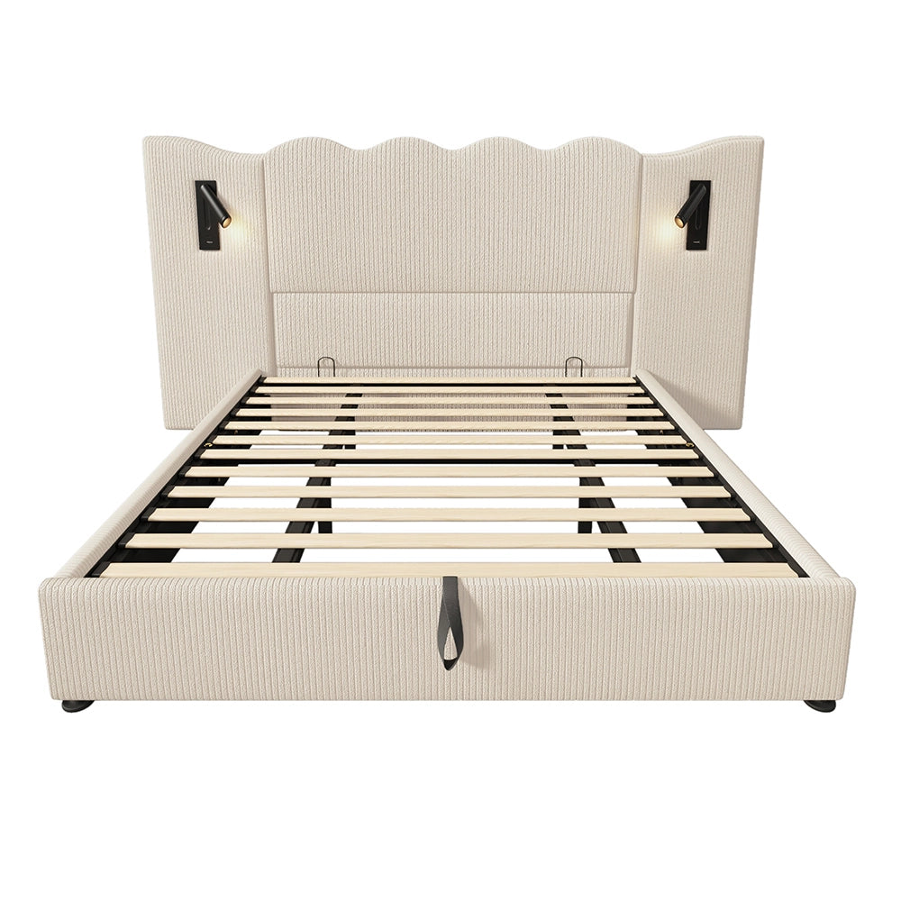 Lit double 180??200 cm con cuscini, luce da lettura, USB Type-C, velluto costato Beige-Bianco - Xylo