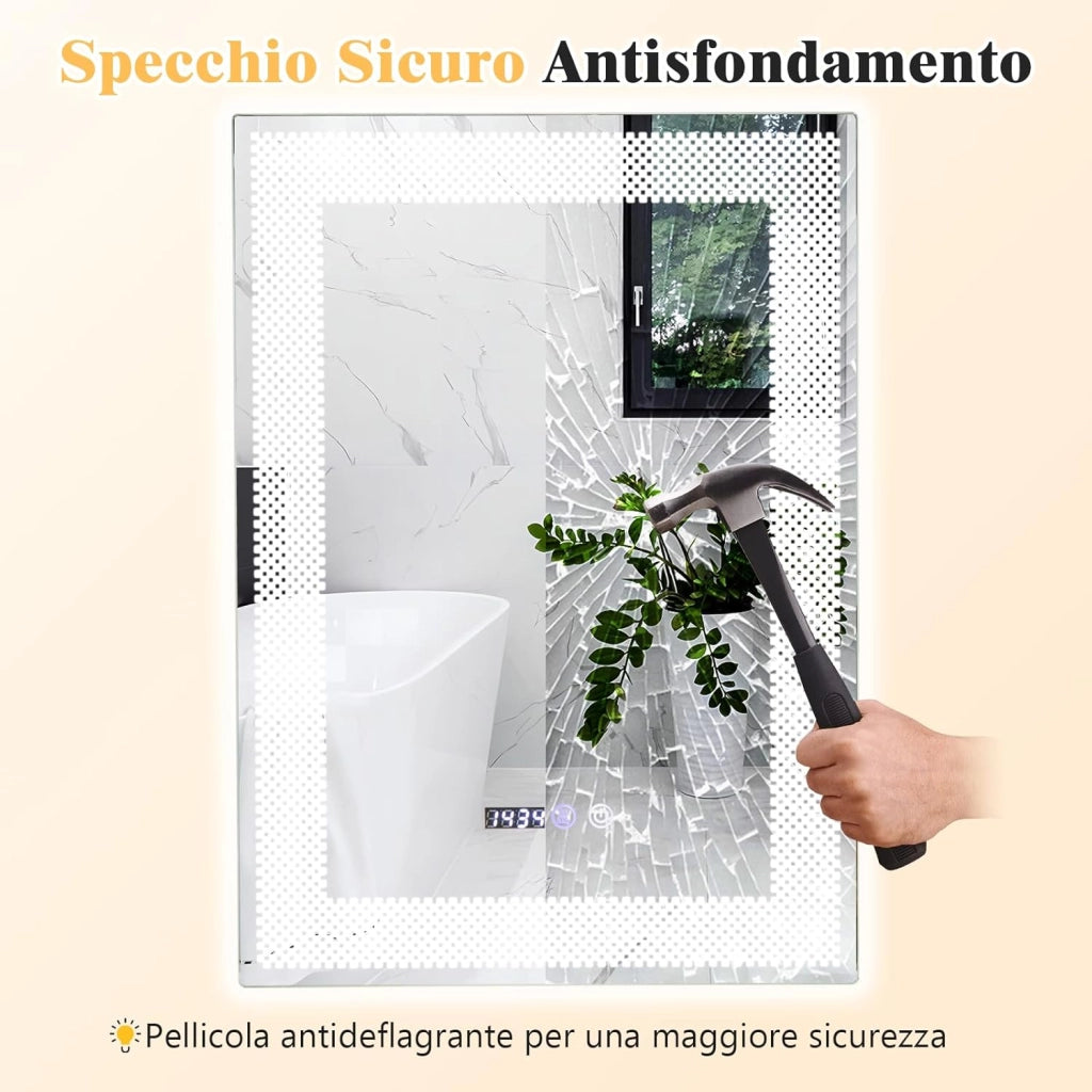 Specchio LED a Parete 70x50cm, Specchio da Bagno HD Antappannamento con 3 Luci Colori, Funzione Memoria Lettura di Tempo e Temperatura, Specchio rettangolare Intelligente IP44