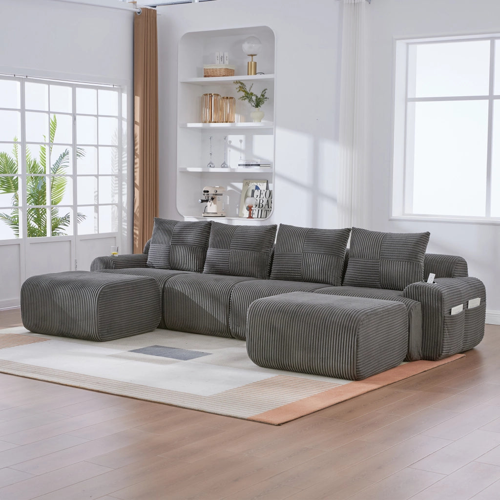 DIVANO Modulare 4 Posti 333x174x80 cm in Corduroy Grigio Scuro
