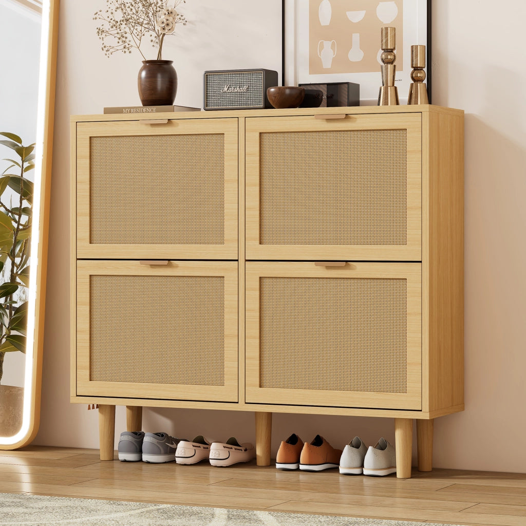 OKWISH Scarpiera con 4 Ante a Ribalta, Ripiani Regolabili, Dettagli in Rattan e Gambe in Legno, per Ingresso, 100×25×90 cm