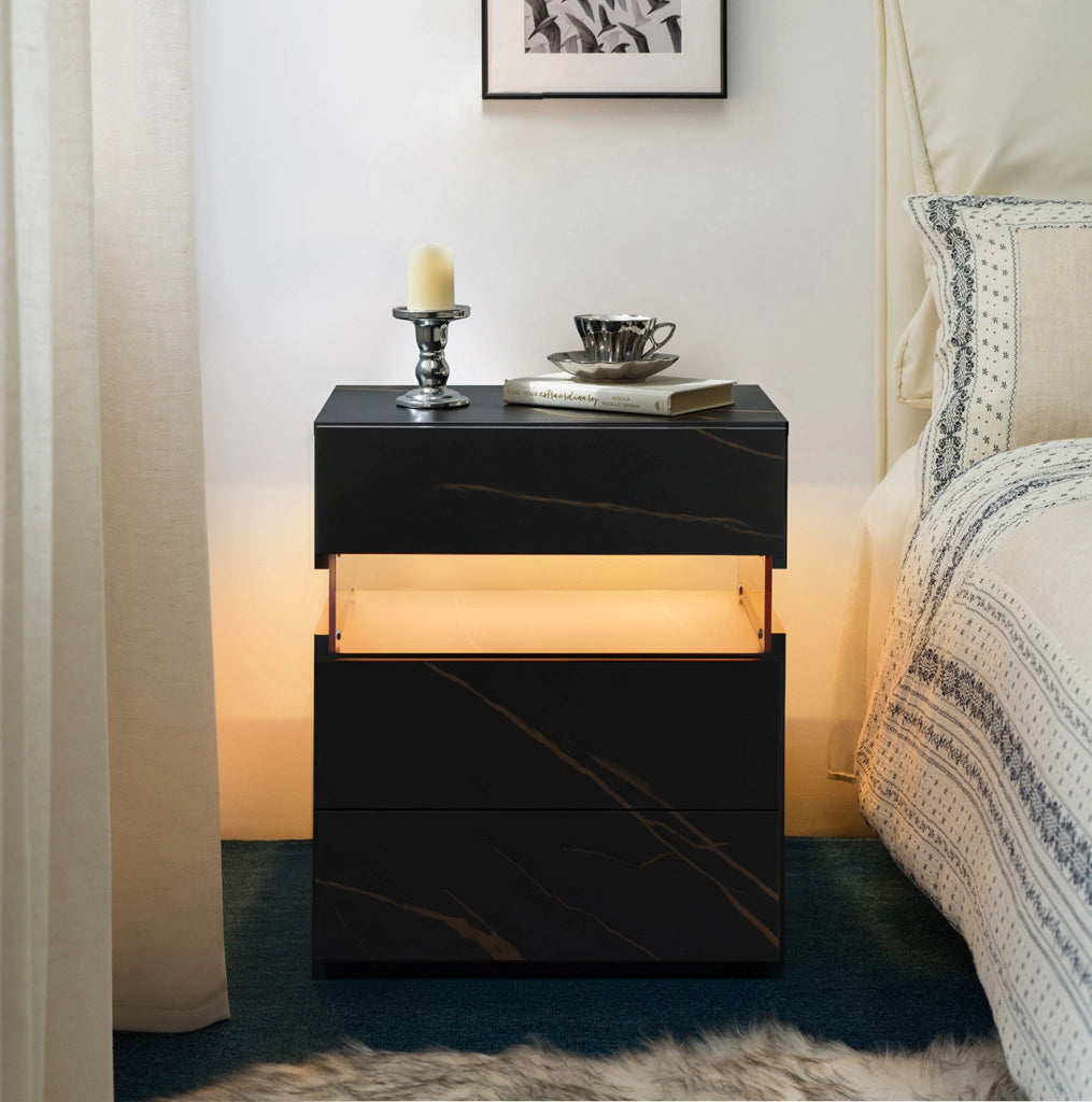 Comodino ULEVR nero e oro con 3 cassetti, illuminazione LED RGB e pannello in acrilico