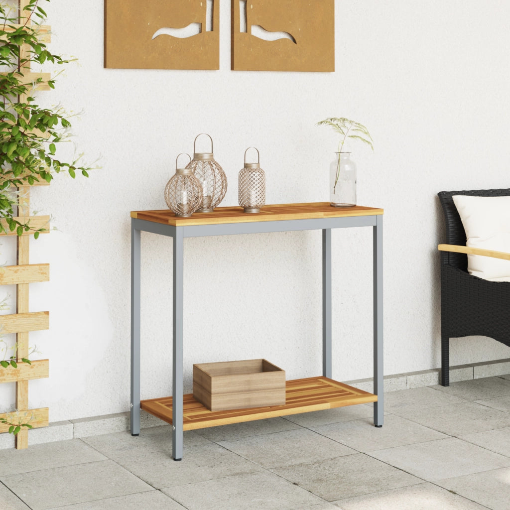 Tavolo da Esterno Naturale e Grigio 35x80x75 cm Legno Massello e Acciaio