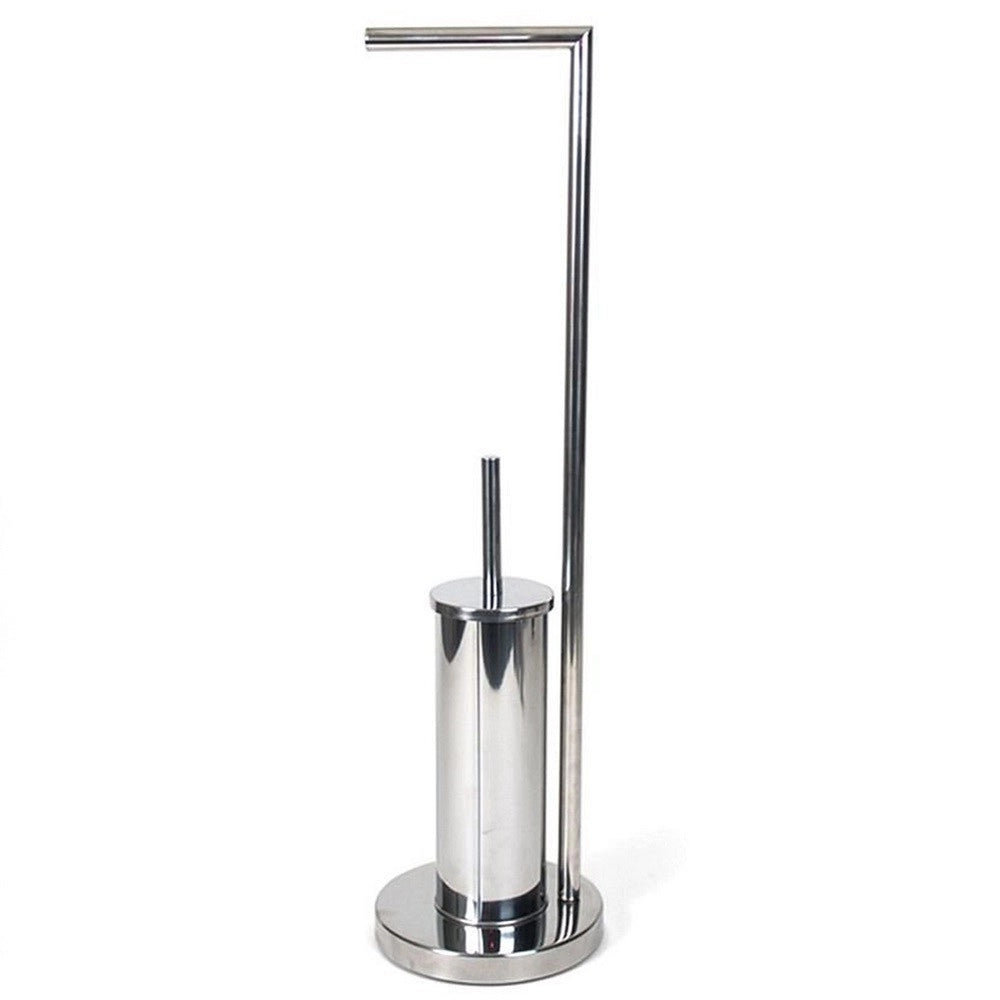 Trade Shop - Portarotolo Con Porta Scopino Bagno In Metallo Cromato Con Spazzolone 19x19x74cm -