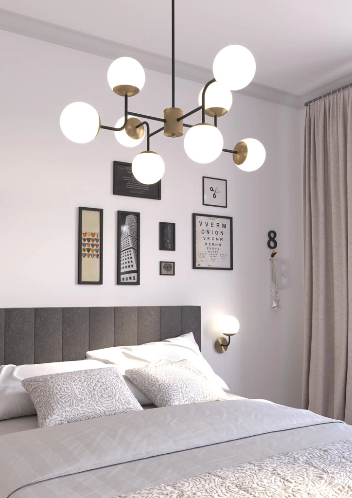 Lampadario Moderno Clear Metallo Nero E Ottone Vetro Bianco 8 Luci E27