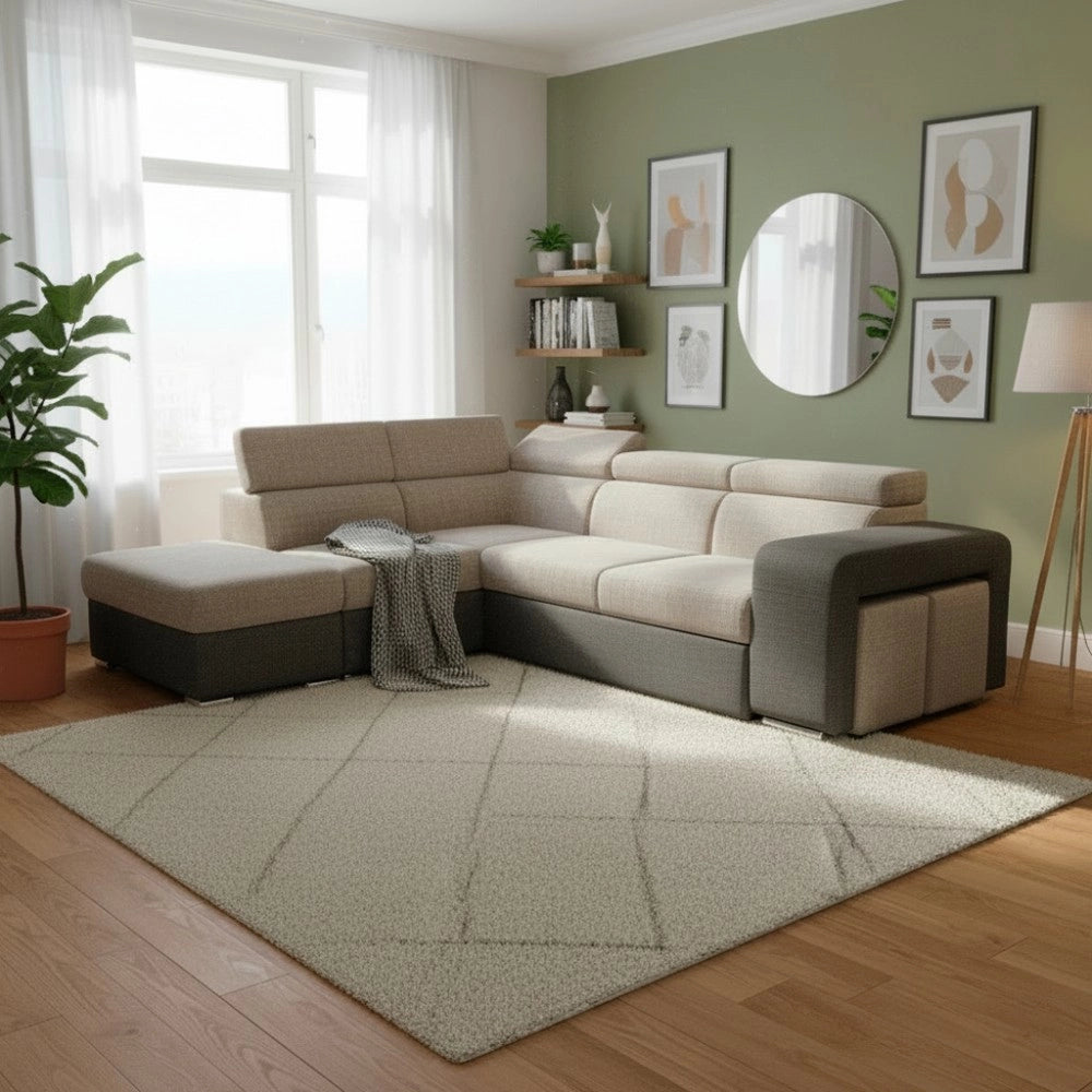 Divano Letto Angolare Sophie con Penisola Sinistra, 2 Pouf Estraibili e Pouf Contenitore – Tortora e Grigio Scuro