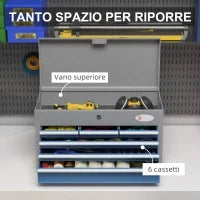 DURHAND Cassetta Attrezzi in Acciaio con 6 Cassetti, un Bauletto e 2 Chiavi, 60x26x34 cm. Blu