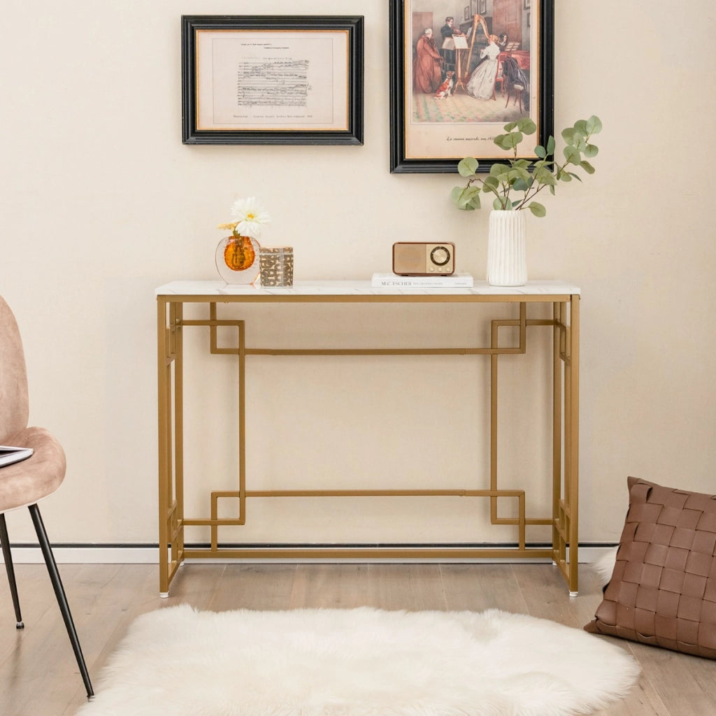 Tavolo consolle da 110cm con cornice geometrica dorata piano effetto marmo, Tavolo da ingresso stretto Bianco-Consolle