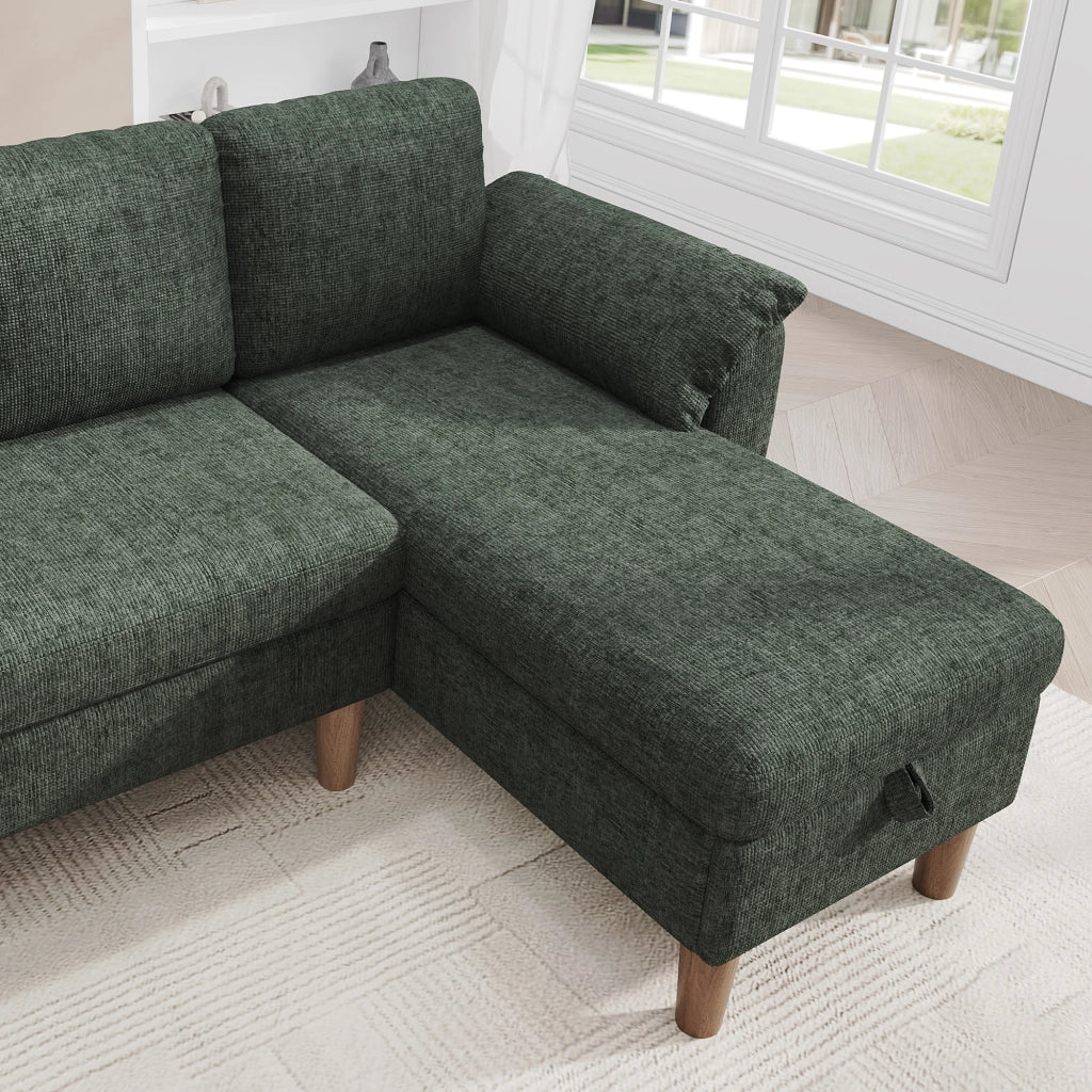 Divano angolare 3 posti con chaise longue contenitore e USB Type-C in ciniglia verde 181 × 125 × 88 cm