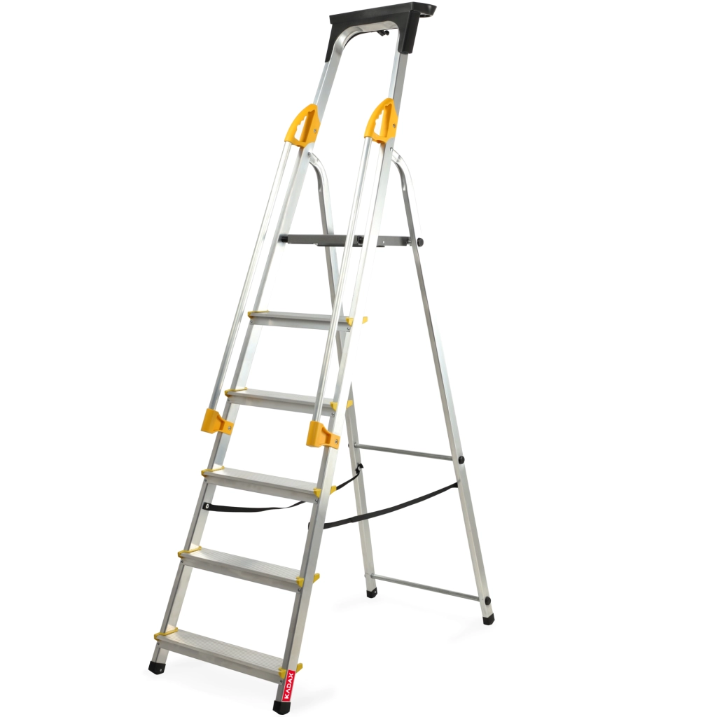 Scala domestica pieghevole in alluminio KADAX a 6 gradini con corrimano e gancio, portata massima 150 kg.