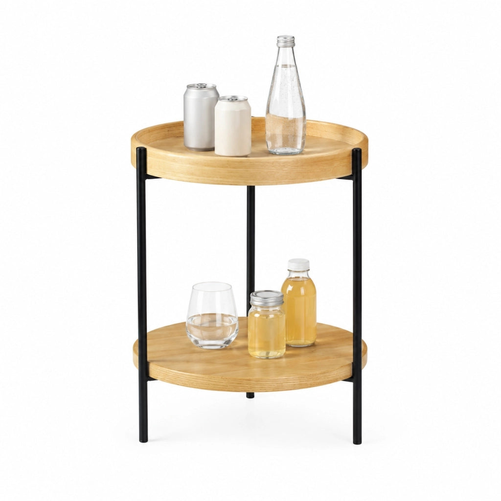 Tavolino da caff¨¨ rotondo ?69x38 cm a 2 ripiani in legno massello, MDF e ferro
