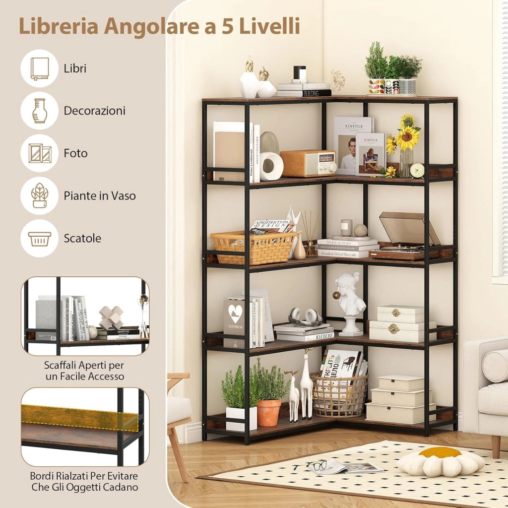 Libreria ad Angolo 180 cm, Libreria a 5 Ripiani a Forma di L con Struttura in Metallo, Scaffale Espositivo Aperto Industriale per Soggiorno Studio Ufficio e Casa, 110 x 89 x 180 cm