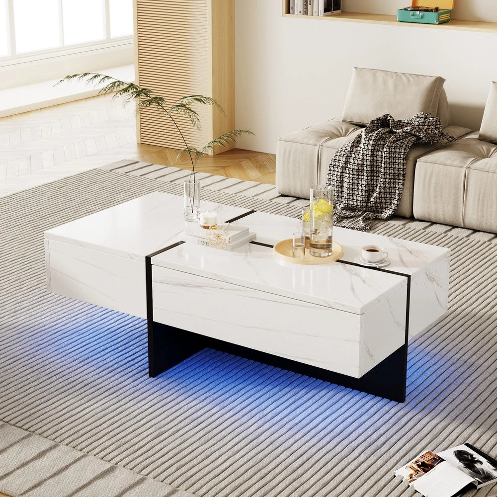 Tavolino da Caff¨¨ con LED ¨C MINIMAL ¨C Effetto Marmo Bianco e Nero, 100x50x34,5cm