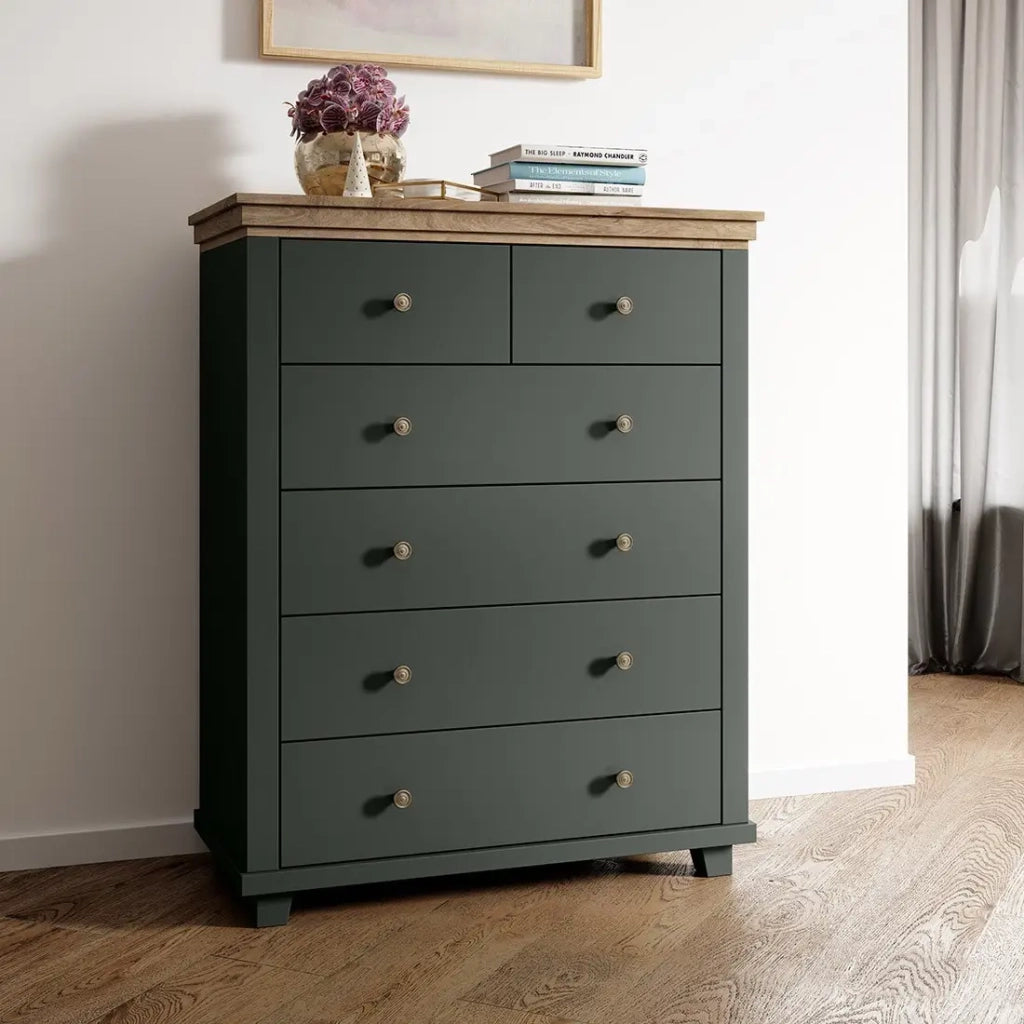 Comò XL design con 6 cassetti. Colore verde kaki e quercia. Collezione ASSIA