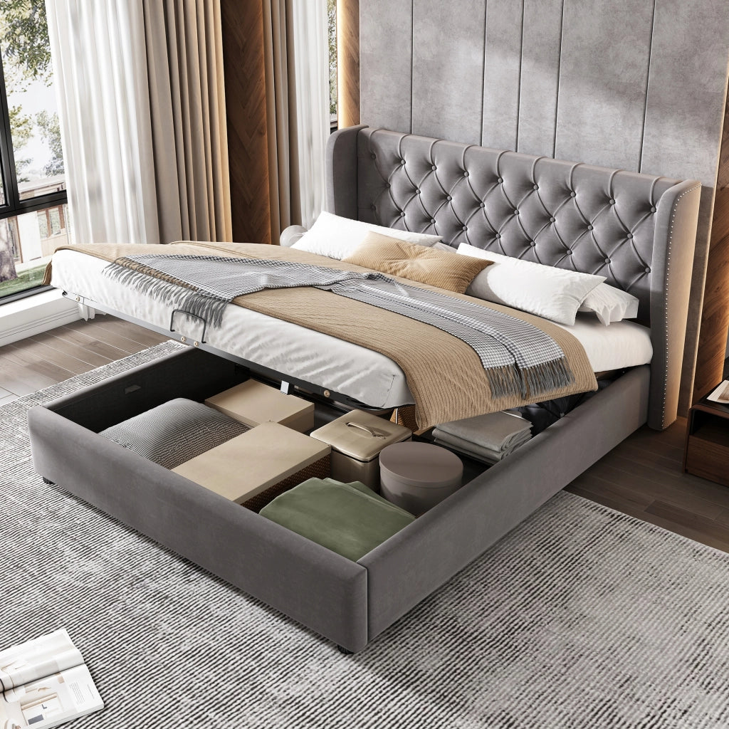 Letto matrimoniale 140x200 - Xylo - Idraulico velluto grigio