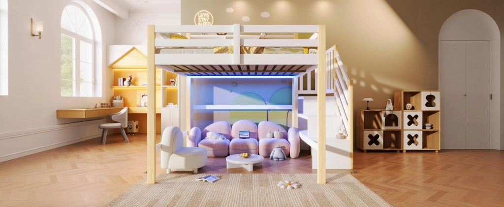 LETTO a soppalco 140x200 cm con LED, scala contenitore, bianco e naturale