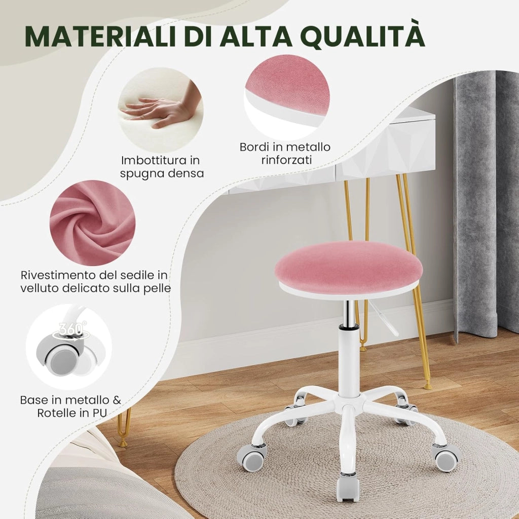 Sedia da Ufficio Regolabile in Altezza, Sgabello Girevole a 360°con Rotelle, Sedia da Trucco per Camera da Letto Studio Soggiorno Cucina, 45,5-57,5 cm, Velluto, Rosa, 0177BGY