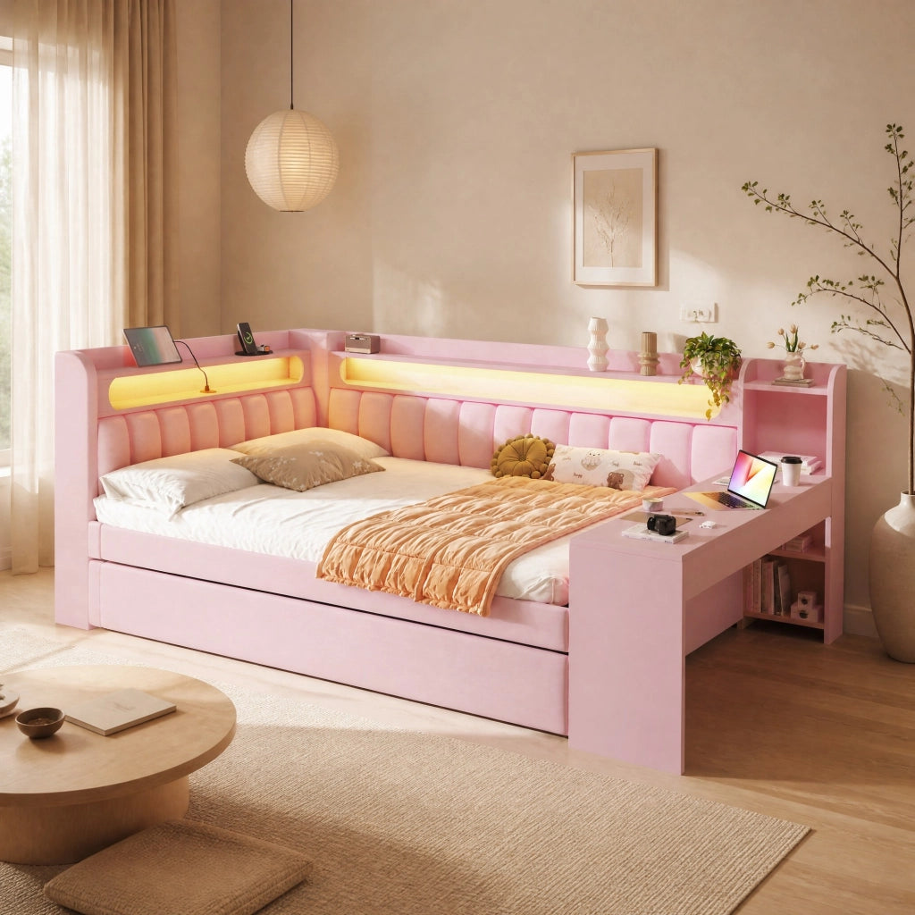 Letto da giorno imbottito 140x200 cm rosa con LED, USB e scrivania