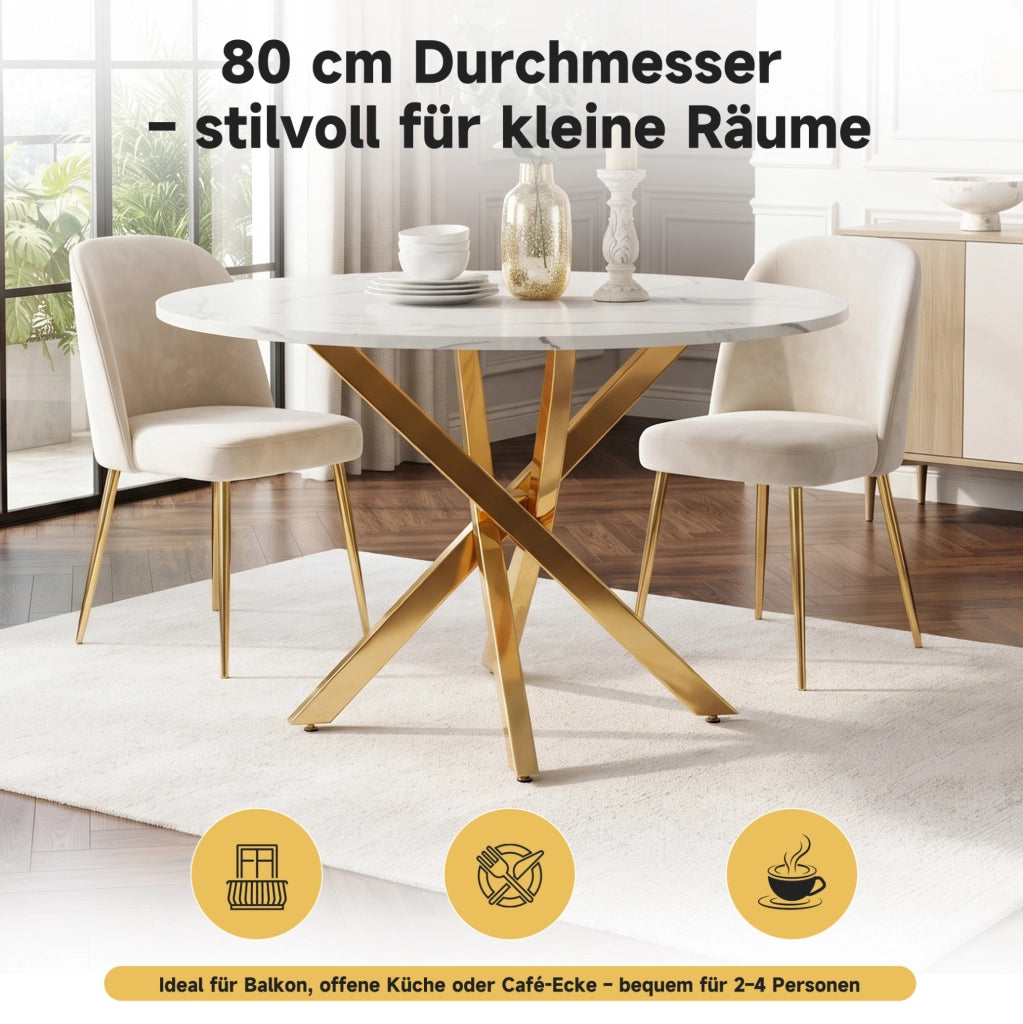 Tavolo rotondo 80 × 80 cm in MDF; effetto marmo; gambe incrociate dorate; oro e bianco