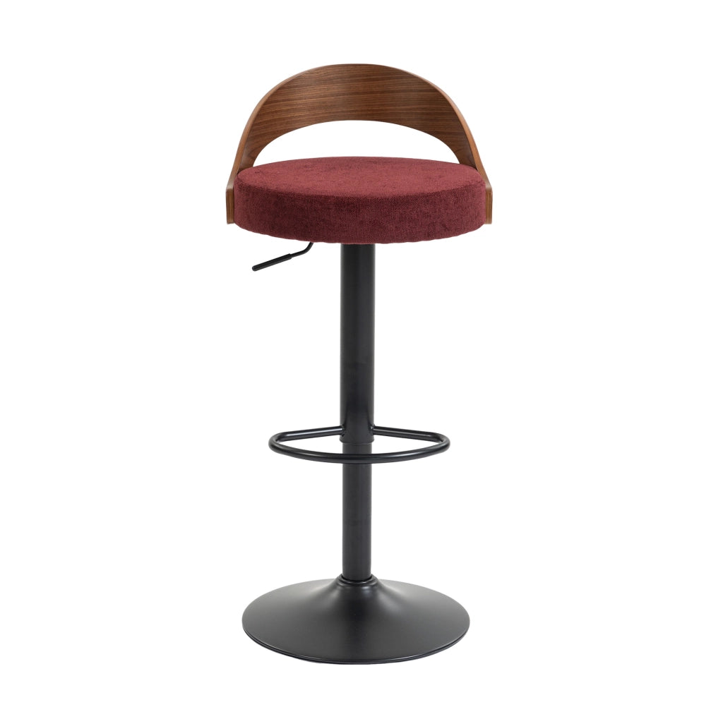 Set 2 sgabelli bar girevoli 360° regolabili in altezza; lino bordeaux; con schienale effetto noce