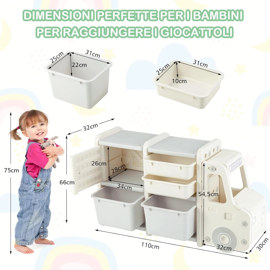 Organizer per Giocattoli con Scatole per Bambini, Scaffale Multilivello in HDPE a Forma di Camion, Scaffale per Giocattoli con 2 Livelli e 4 Scompartimenti per Bambini