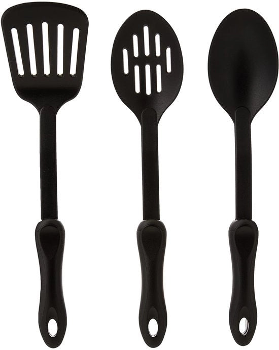 Set di 3 spatole, diverse spatole antiaderenti e cucchiai in legno, nylon nero in plastica, resistente al calore fino a 200 °C