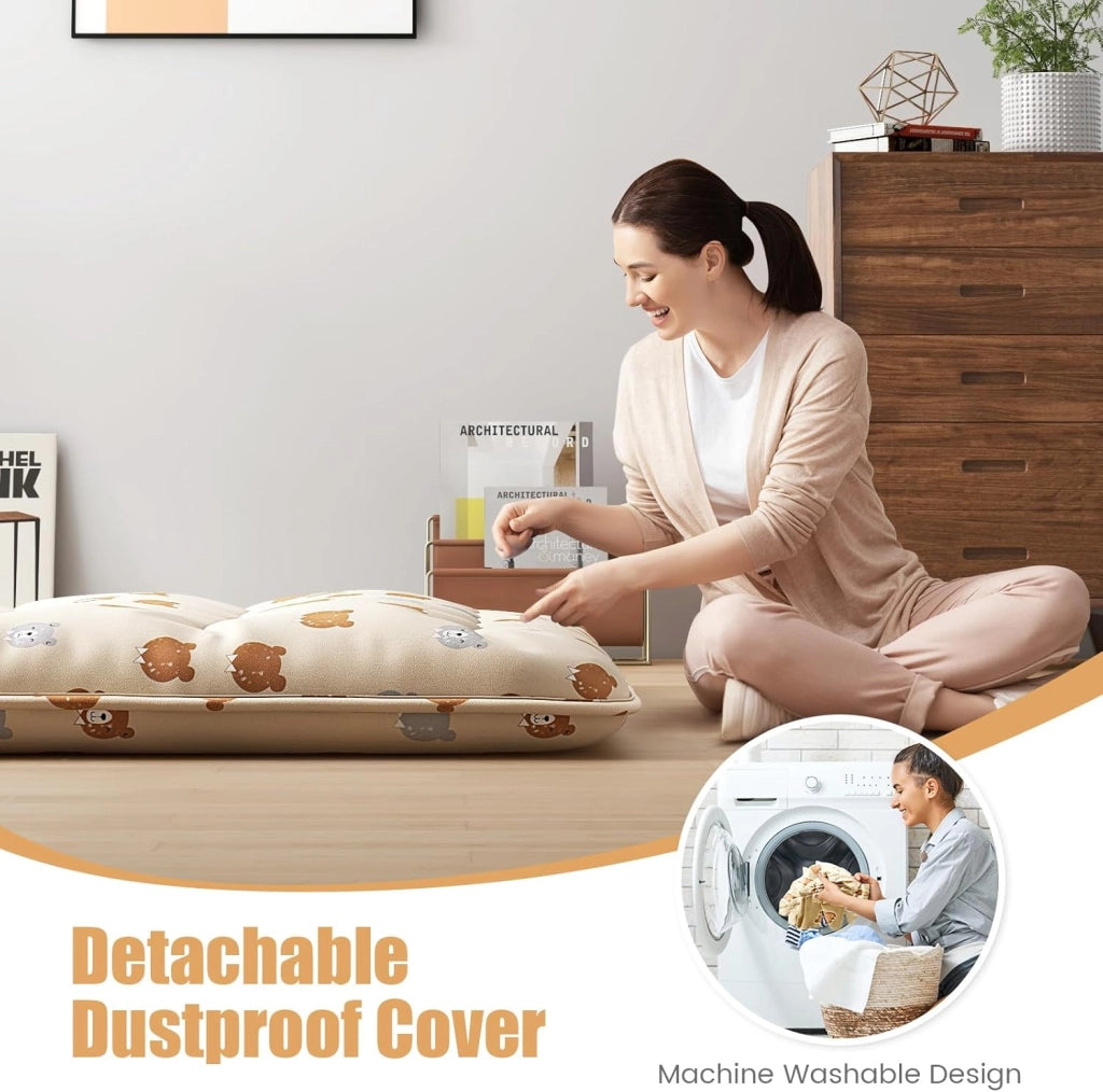 Materasso da pavimento Futon Giapponese, Tappetino Tatami Pieghevole e Portatile, Materasso Pieghevole con Borsa da Trasporto e Fodera Rimovibile (Beige+Orso, 90 x 200 cm)