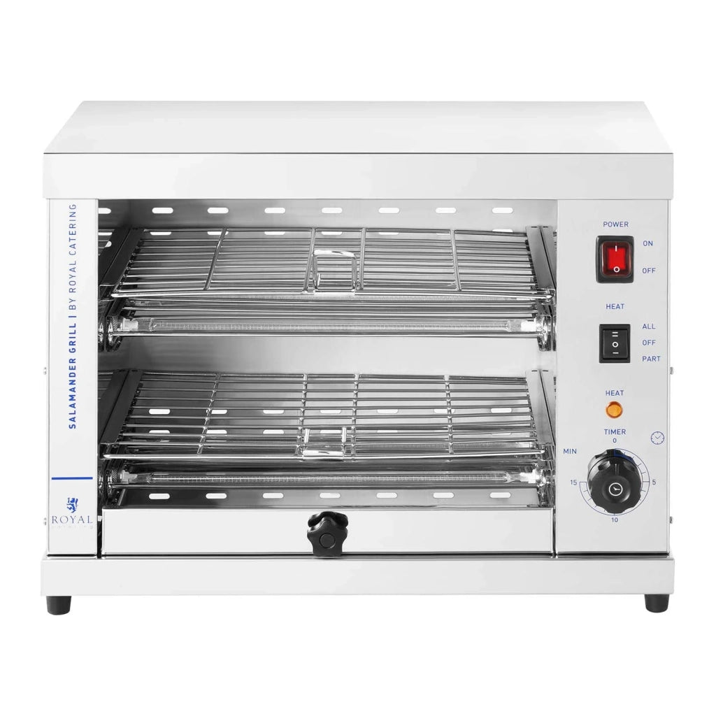 Forno elettrico grill Salamander cucina professionale (3.200 Watt, 65 - 200 °C, 0 - 15 min, contenitore raccogli grasso, acciaio inox) 14_0004016