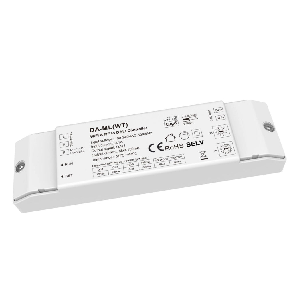 Dimmer DALI WiFi + RF 2.4GHz, Controller per DIM CCT RGB RGBW RGB+CCT, App Tuya Smart Life, Push Dim, 1 Indirizzo, Uscita 16VDC Max 150mA, Input AC220V