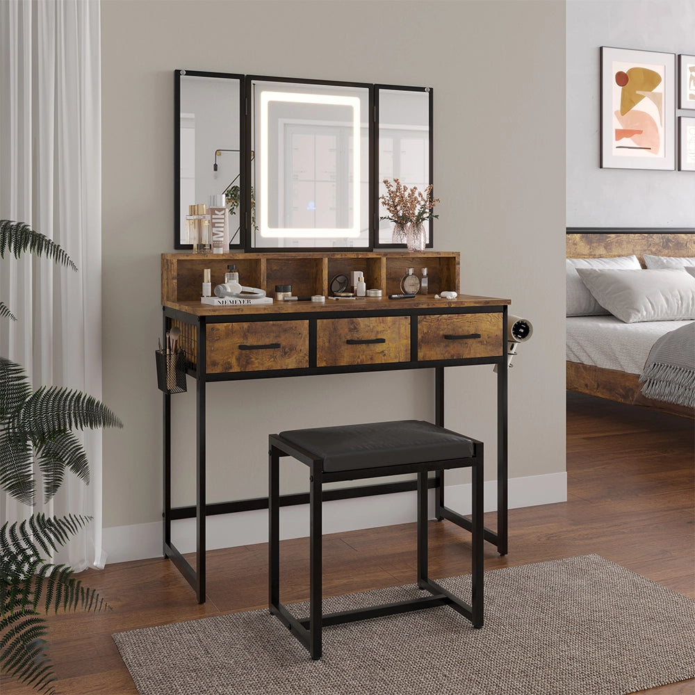 Vicco Tavolo da toilette Rovere rustico 90 cm con sgabello e specchio LED