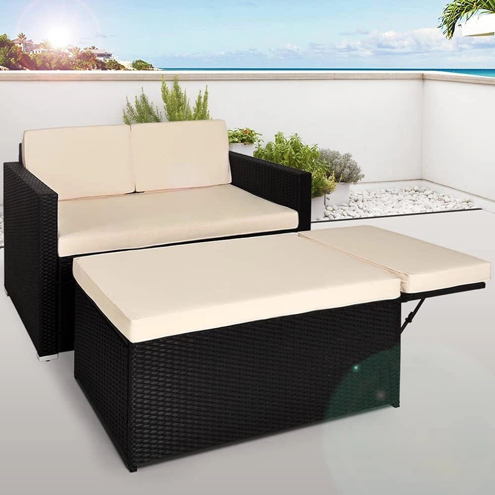 Casaria Divano Lounge 2 Posti Divanetto Nero con Cuscini Panna Pouf Mobile Chaise Longue Mobili Balcone