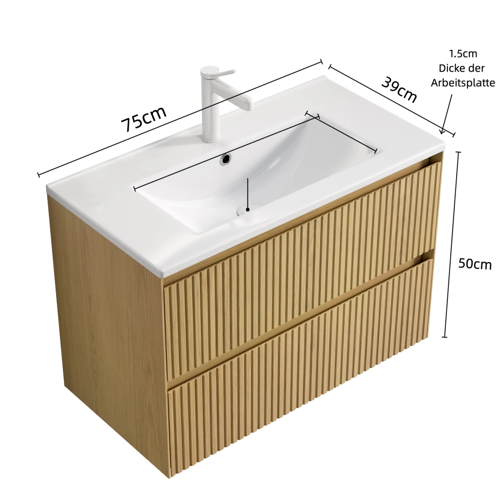 Mobile bagno sospeso con lavabo integrato in ceramica; 2 cassetti con chiusura ammortizzata; rovere e bianco
