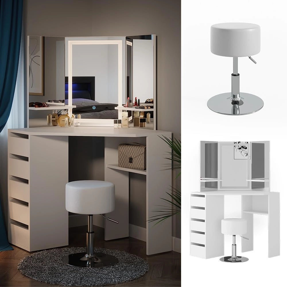 Vicco Tavolo da trucco ad angolo Arielle, Bianco, 110 cm con specchio e sgabello a LED, Fa risparmiare spazio e sfrutta in modo ottimale gli angoli della stanza