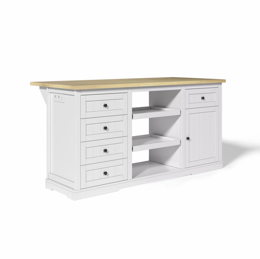 Isola cucina 150x65x75;5 cm in MDF bianco naturale con 5 cassetti e prese USB
