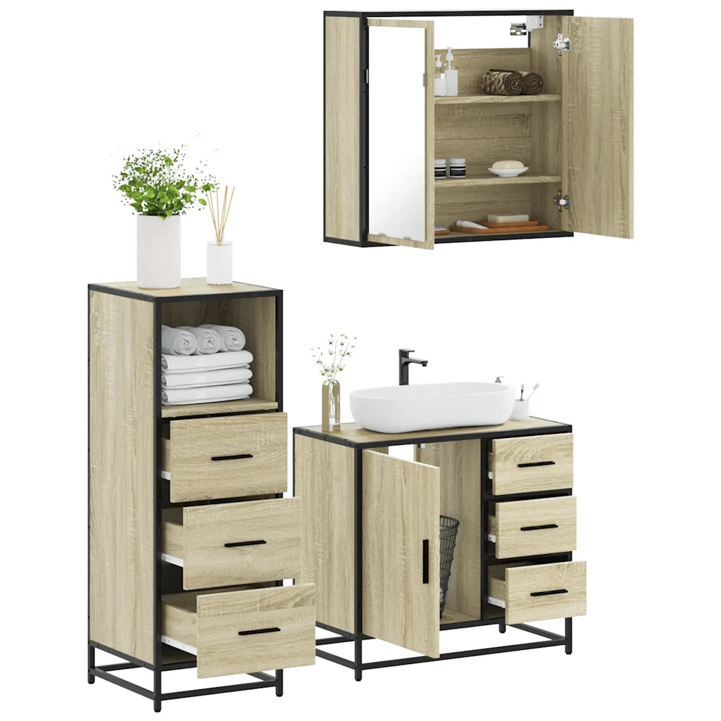 Set Mobili da Bagno | Armadio da bagno 3 pz Rovere Sonoma in Legno Multistrato