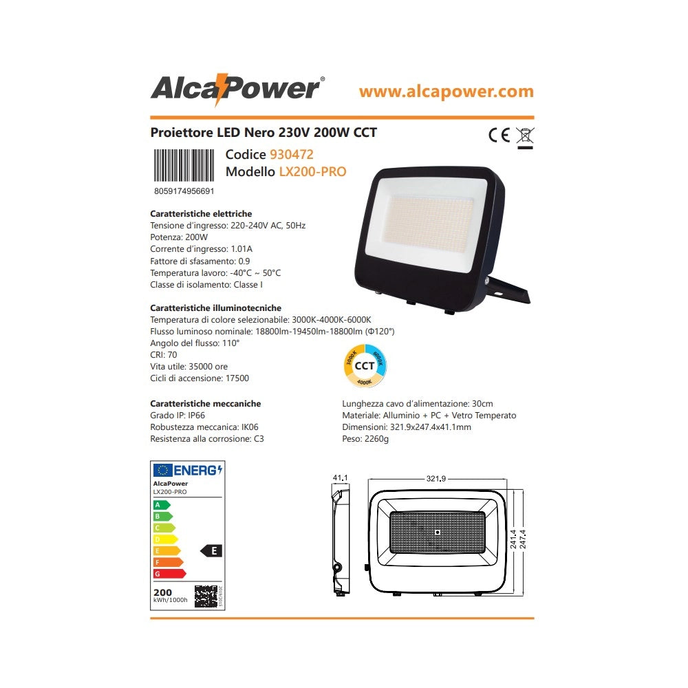 Alca power lx200-pro proiettore led da 200w a 220-240v temperatura di colore e flusso luminoso regolabile