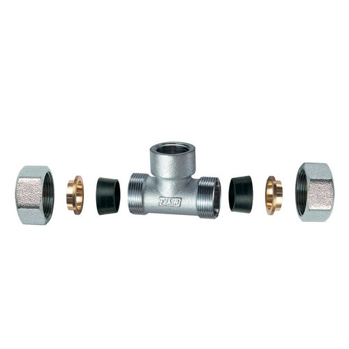 RACCORDO CROMATO A T  CON 2 MONOCONI IN GOMMA PER RAME- 3/4 x 22- FAR- pezzi 1