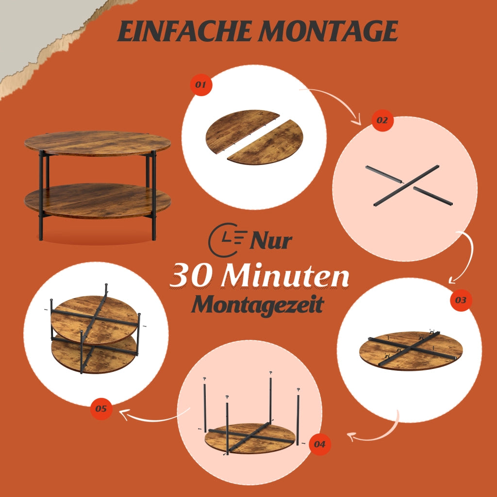 Tavolino da caff¨¨ rotondo ¨C Zephmum ¨C Vintage marrone-nero, metallo e legno, 60x60x45