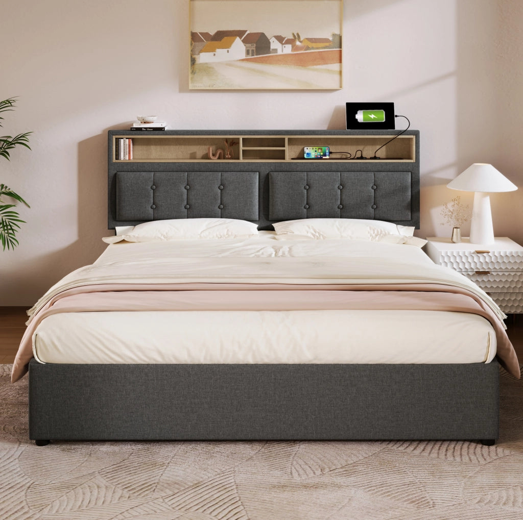 Letto imbottito 140x200 cm grigio con materasso e ricarica USB-C