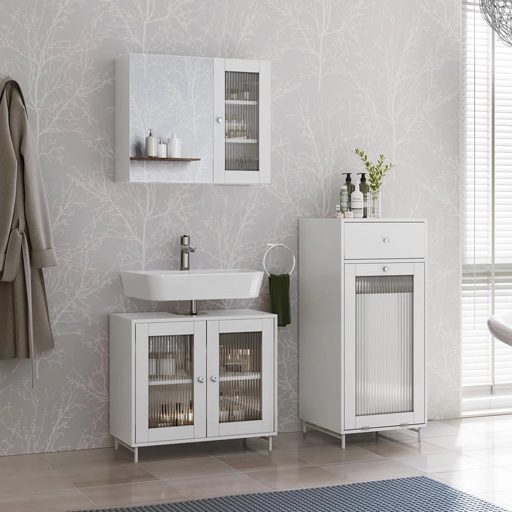 Set di mobili da bagno Malte, Bianco, 60 cm, composto da mobile sottolavabo, specchiera e mobile medio