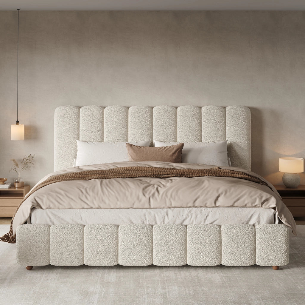 Letto matrimoniale imbottito 160x200 cm con contenitore idraulico; rivestimento Bouclé bianco