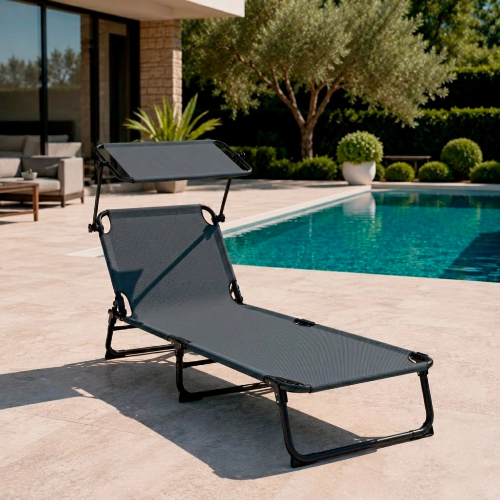 Lettino Prendisole Pieghevole Con Tettuccio Parasole Schienale Reclinabile Regolabile Telaio In Metallo Nero 187 x 53 x 24 Cm Grigio Scuro