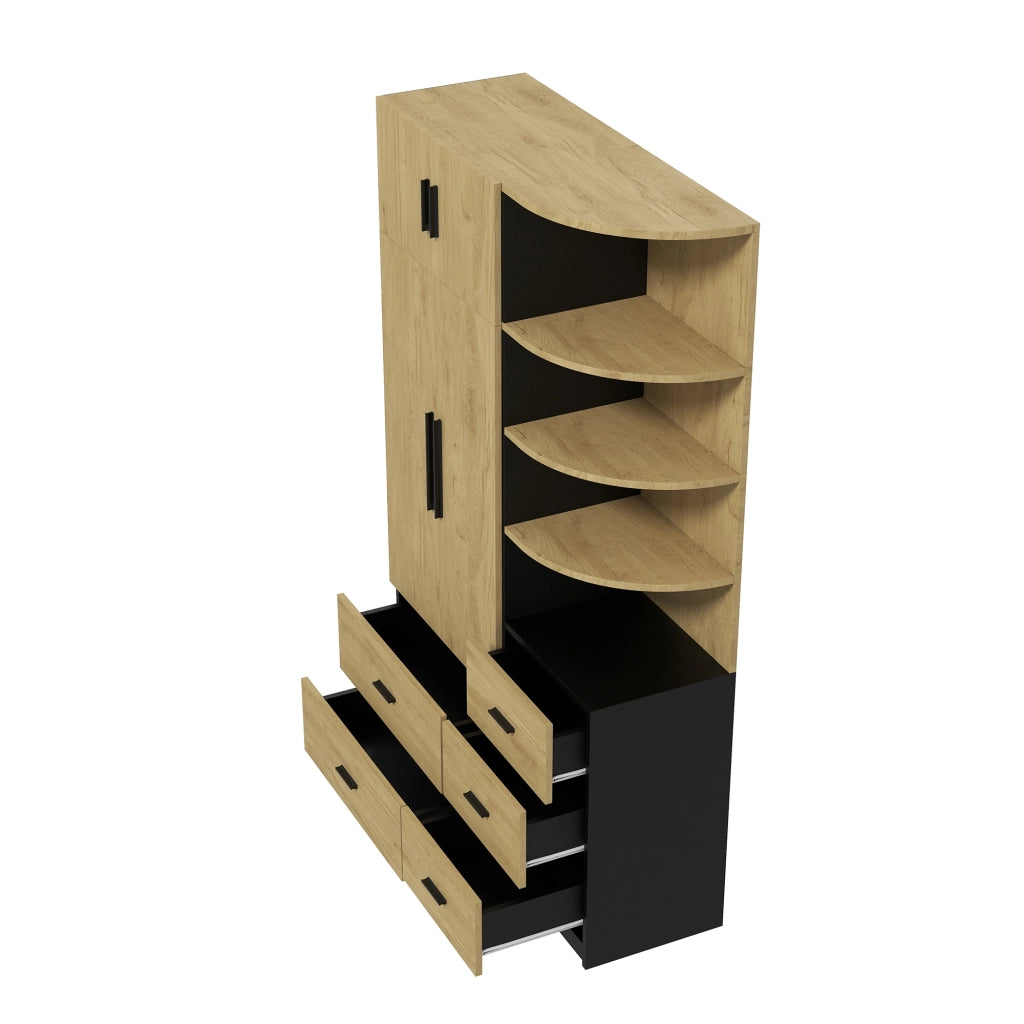 Armadio con asta appendiabiti, 5 cassetti e vetrina per camera da letto, naturale e nero 110 × 40 × 186 cm